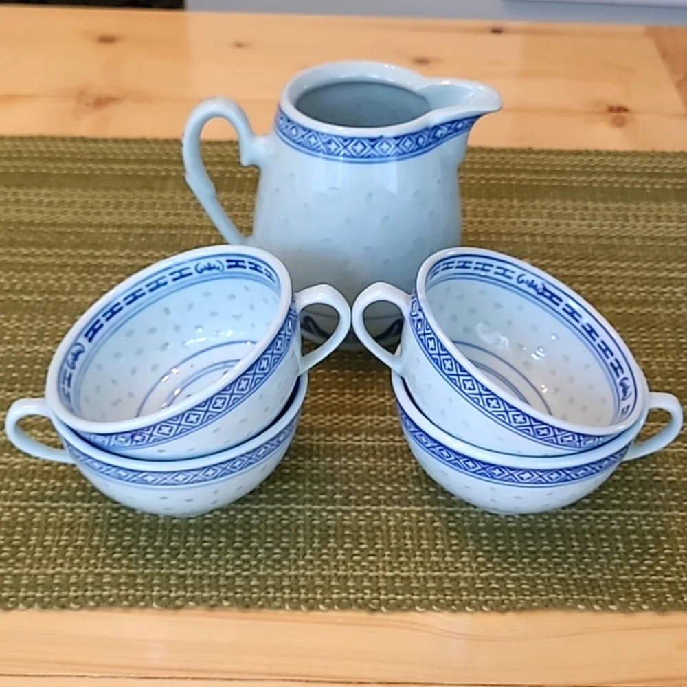 Chinese Rice Grain Eyes Pattern White Flower Cups Set of 4 with Creamer Vintage